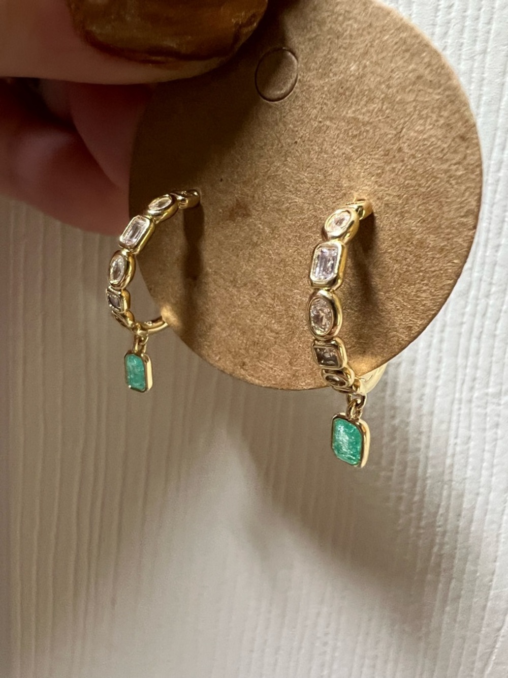 Gold Hoop Earrings with Green Stone Drop and Clear Accents